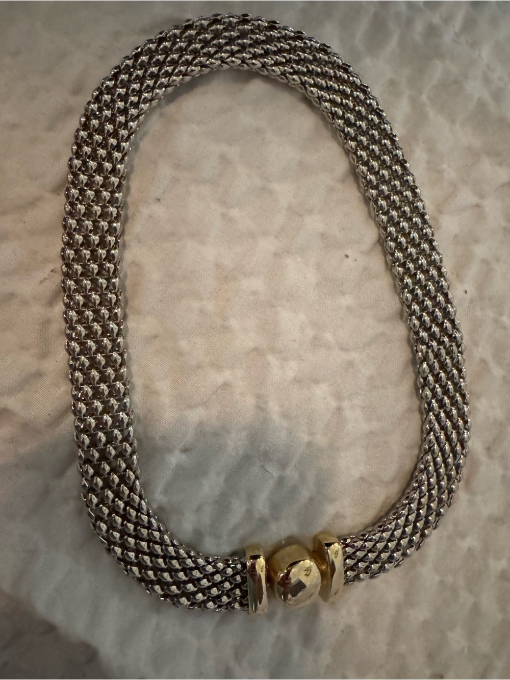 Two-Tone Silver Mesh Necklace with Gold Accent Clasp